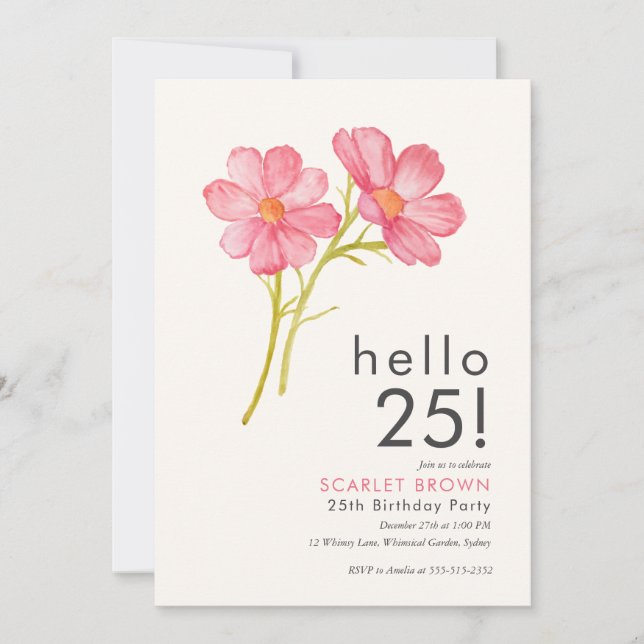 Modern Pink Watercolor  Floral 25th birthday   Invitation (Front)