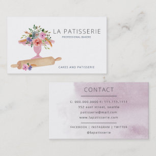 Modern Pink Watercolor Floral Bakery Pastry Chef Business Card