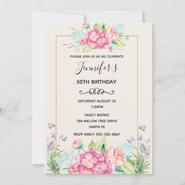 Modern Pink Watercolor Floral Bouquet Birthday Invitation (Front)