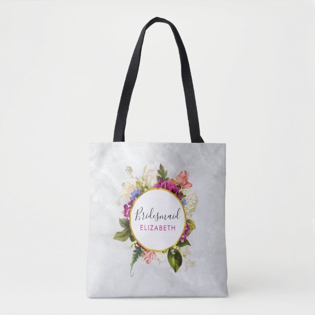 Modern Pink Watercolor Floral Bouquet Bridesmaid Tote Bag (Front)