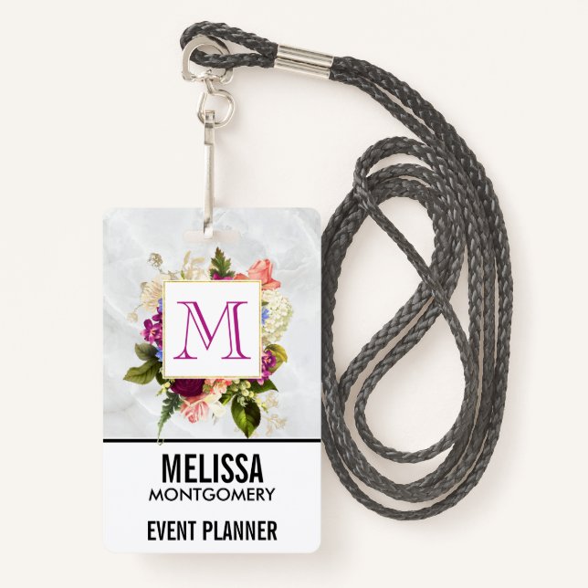 Modern Pink Watercolor Floral Bouquet Monogram ID Badge (Front with Lanyard)
