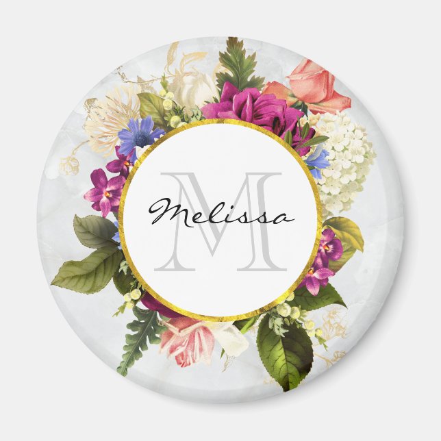 Modern Pink Watercolor Floral Bouquet Monogram Magnet (Front)