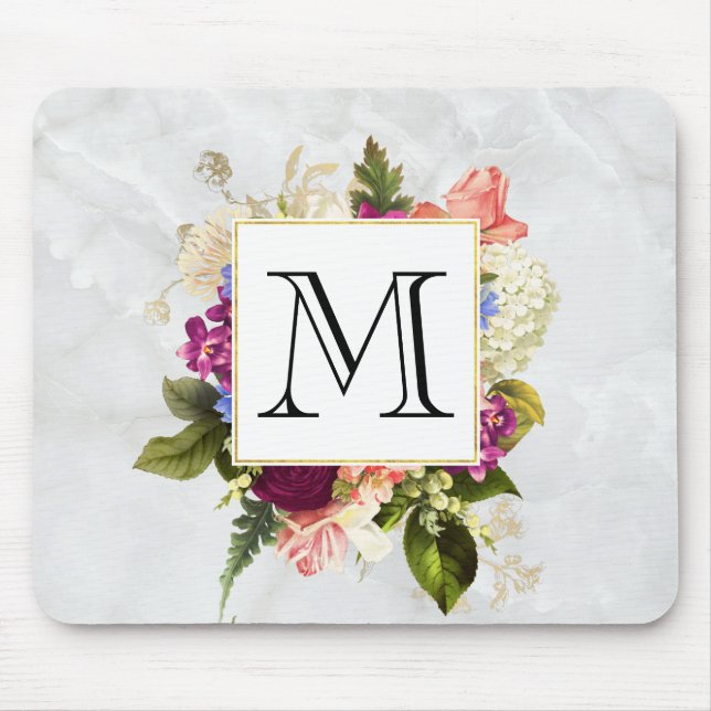 Modern Pink Watercolor Floral Bouquet Monogram Mouse Pad (Front)
