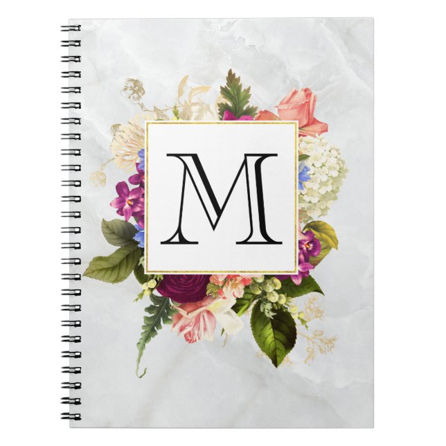 Modern Pink Watercolor Floral Bouquet Monogram Notebook (Front)