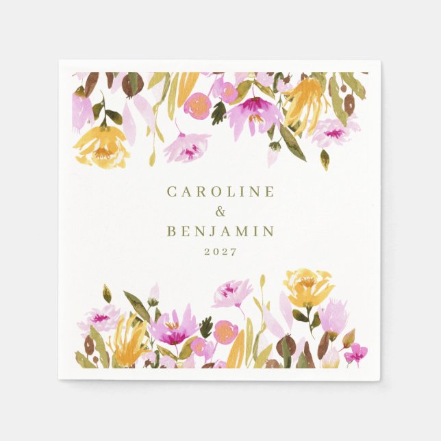 Modern Pink Watercolor Floral Custom Names Wedding Napkin (Front)