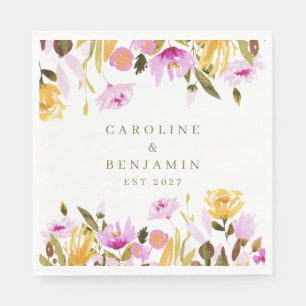 Modern Pink Watercolor Floral Custom Names Wedding Napkin
