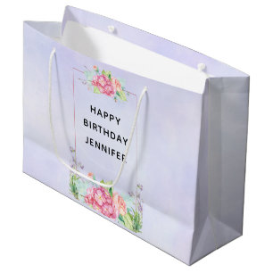 Modern Pink Watercolor Floral Frame Birthday Large Gift Bag