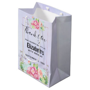 Modern Pink Watercolor Floral Frame Birthday Medium Gift Bag