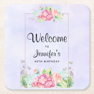 Modern Pink Watercolor Floral Frame Birthday Square Paper Coaster