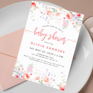 Modern pink watercolor floral girl baby shower invitation