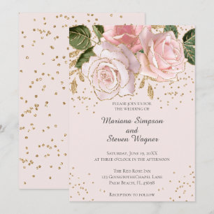 Modern Pink Watercolor Floral Gold Glitter Wedding Invitation
