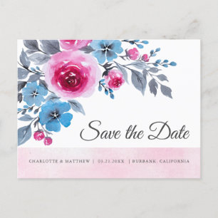 Modern Pink Watercolor Floral Save The Date Announcement Postcard