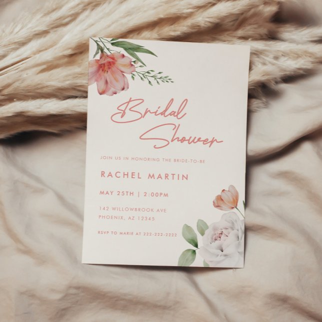 Modern Pink Watercolor Floral Script Bridal Shower Invitation (Creator Uploaded)