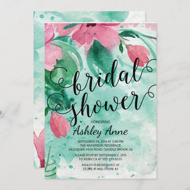 Modern Pink Watercolor Flowers Bridal Shower Invitation (Front/Back)
