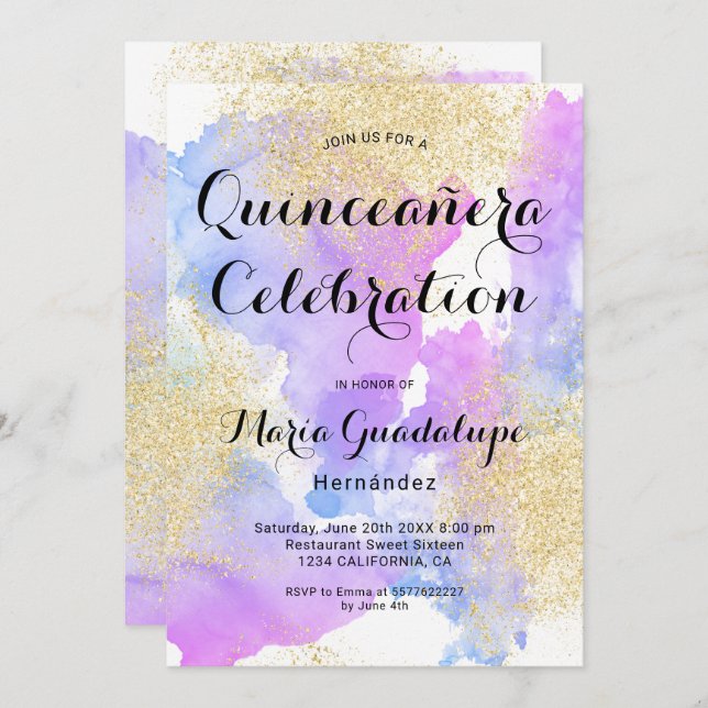 Modern pink watercolor gold glitter Quinceanera Invitation (Front/Back)