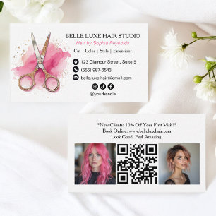 Modern Pink Watercolor Hair Stylist Logo Social Business Card