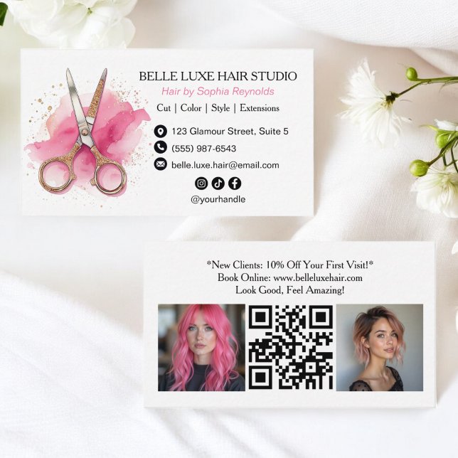 Modern Pink Watercolor Hair Stylist Logo Social Business Card (Modern Pink Watercolor Hair Stylist Logo Social Business Card)