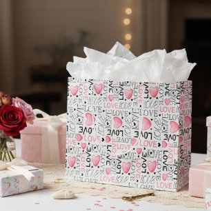 Modern Pink Watercolor Hearts & Love Typography Large Gift Bag