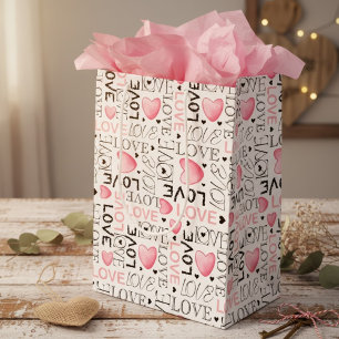 Modern Pink Watercolor Hearts & Love Typography Medium Gift Bag
