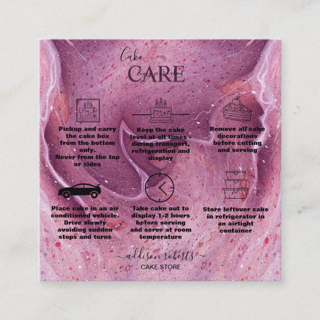Modern Pink Watercolor Ink  Cake Care  Square Business Card (Front)