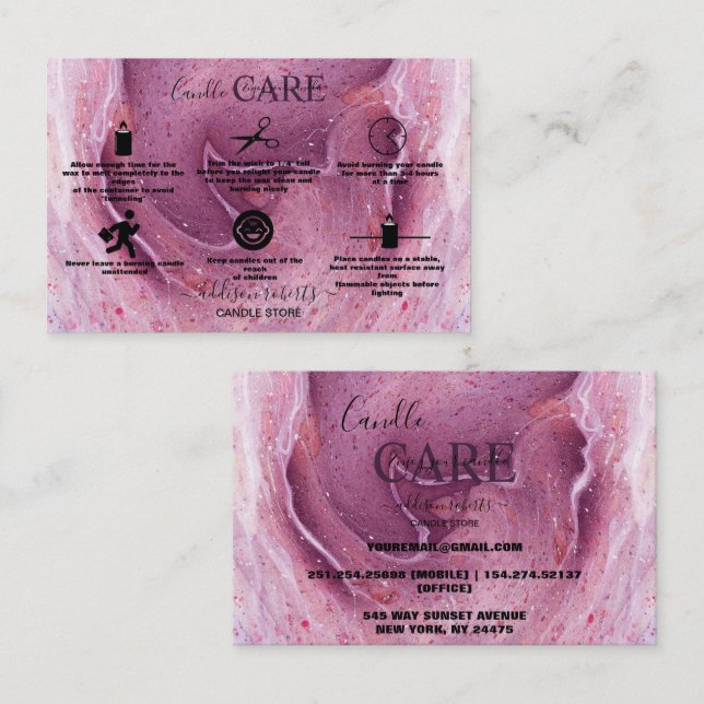 Modern Pink Watercolor Ink Candle Care   Business Card (Front/Back)