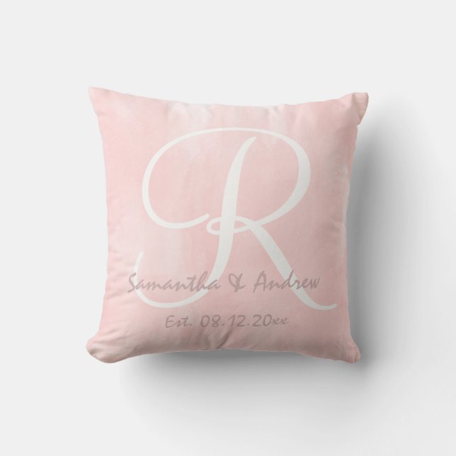 Modern pink watercolor monogram wedding cushion (Front)