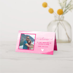 Modern Pink Watercolor photo wedding Folded Place Card