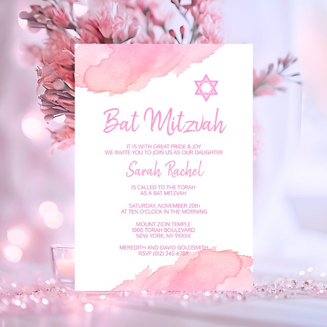 Modern PINK Watercolor Star of David BAT MITZVAH Invitation (Modern PINK Watercolor Star of David BAT MITZVAH Invitation)
