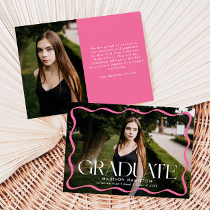 Modern Pink Wavy Frame Graduate 2 Photo Graduation Announcement
