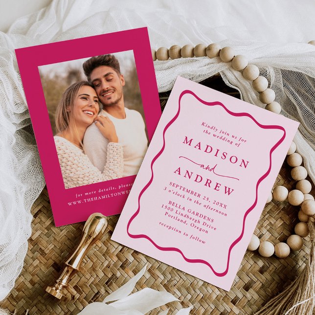 Modern Pink Wavy Frame Photo Wedding Invitation (Creator Uploaded)
