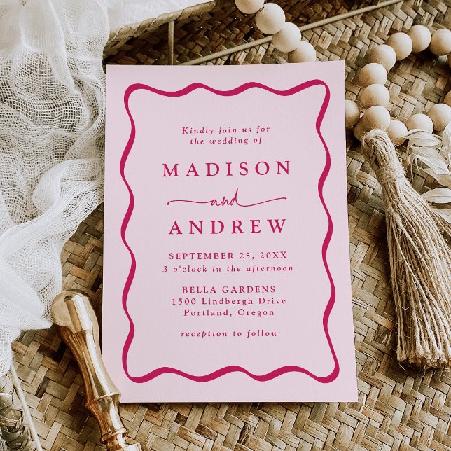 Modern Pink Wavy Frame Wedding Invitation (Creator Uploaded)