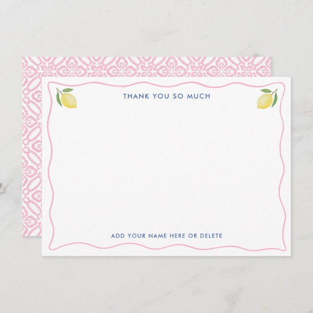 Modern Pink Wavy Line Lemons Bridal Shower Thank You Card (Front/Back)