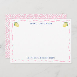 Modern Pink Wavy Line Lemons Bridal Shower Thank You Card