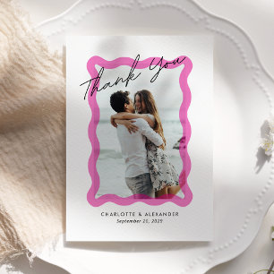 Modern Pink wavy transparent frame, photo wedding  Thank You Card