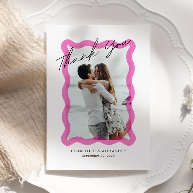 Modern Pink wavy transparent frame, photo wedding  Thank You Card (Creator Uploaded)