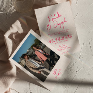 Modern Pink Whimsical Bright Retro Photo Wedding Invitation