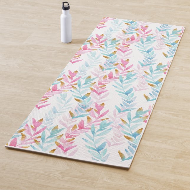 Modern Pink, White & Blue Watercolor Floral Yoga Mat (In Situ)