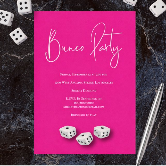 Modern Pink White Bunco Party Invitation (Bunco Party Idea - Fun night with family and friends! Keep on rolling!)