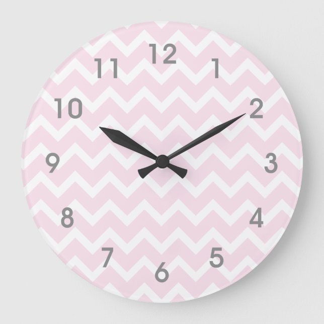 Modern Pink & White Chevron Clock - grey numbers (Front)