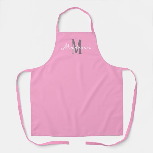 Modern Pink White Chic Script Personalised Womens Apron (Front)