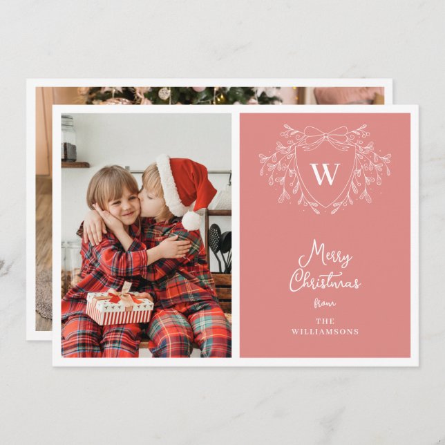 Modern pink & white classy crest 2 photos holiday card (Front/Back)