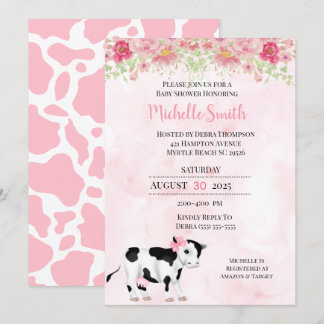 Modern Pink White Cow Print Baby Shower Invitation