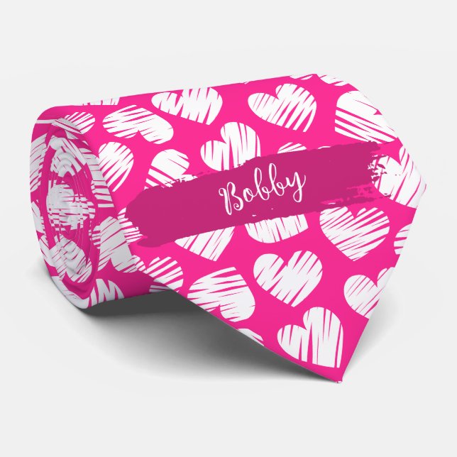 Modern Pink White Doodled Heart Valentine Name  Tie (Rolled)