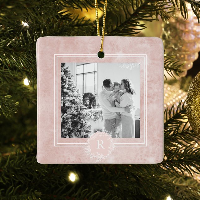 Modern Pink & White | Family Photo | Initial Ceramic Ornament (Creator Uploaded)
