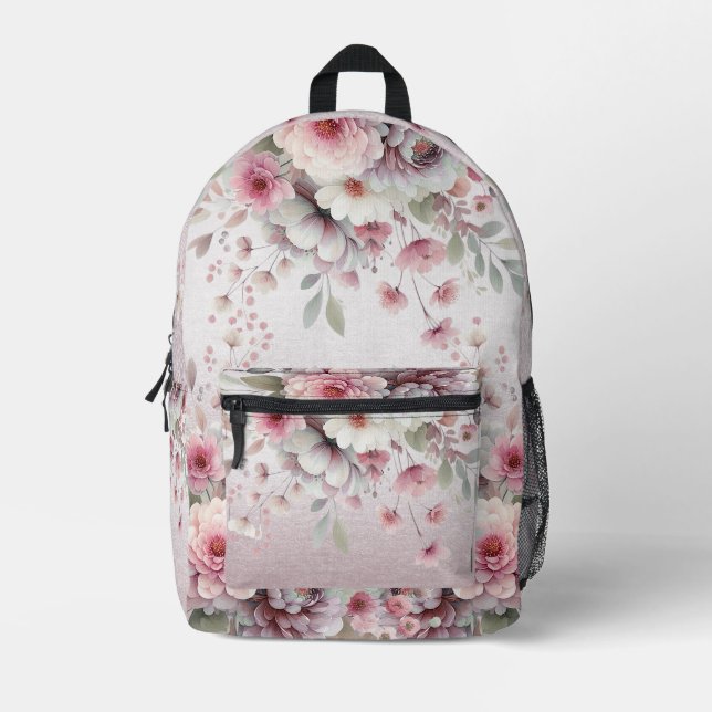 Modern Pink White Floral Backpack Cut Sew Bag (Front)