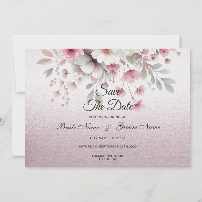 Modern Pink White Floral Save The Date (Front)