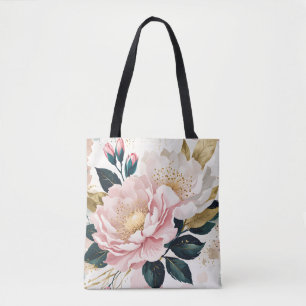 Modern Pink & White Flowers Green & Gold Foliage Tote Bag