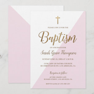 Modern Pink White Gold cross Baby Girl Baptism Invitation
