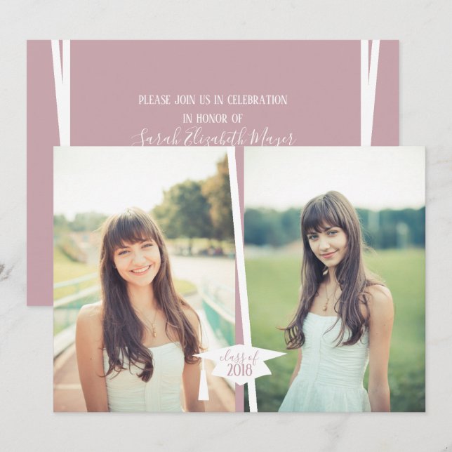 Modern Pink & White Graduation Photo Invitations (Front/Back)