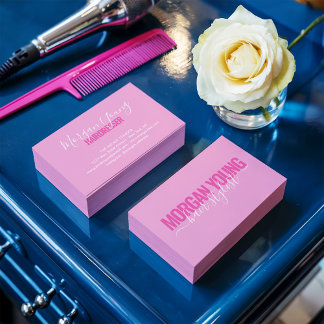 Modern pink white hair stylist script signature business card